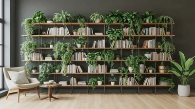Modern Living Room With Bookshelves And Potted Plants