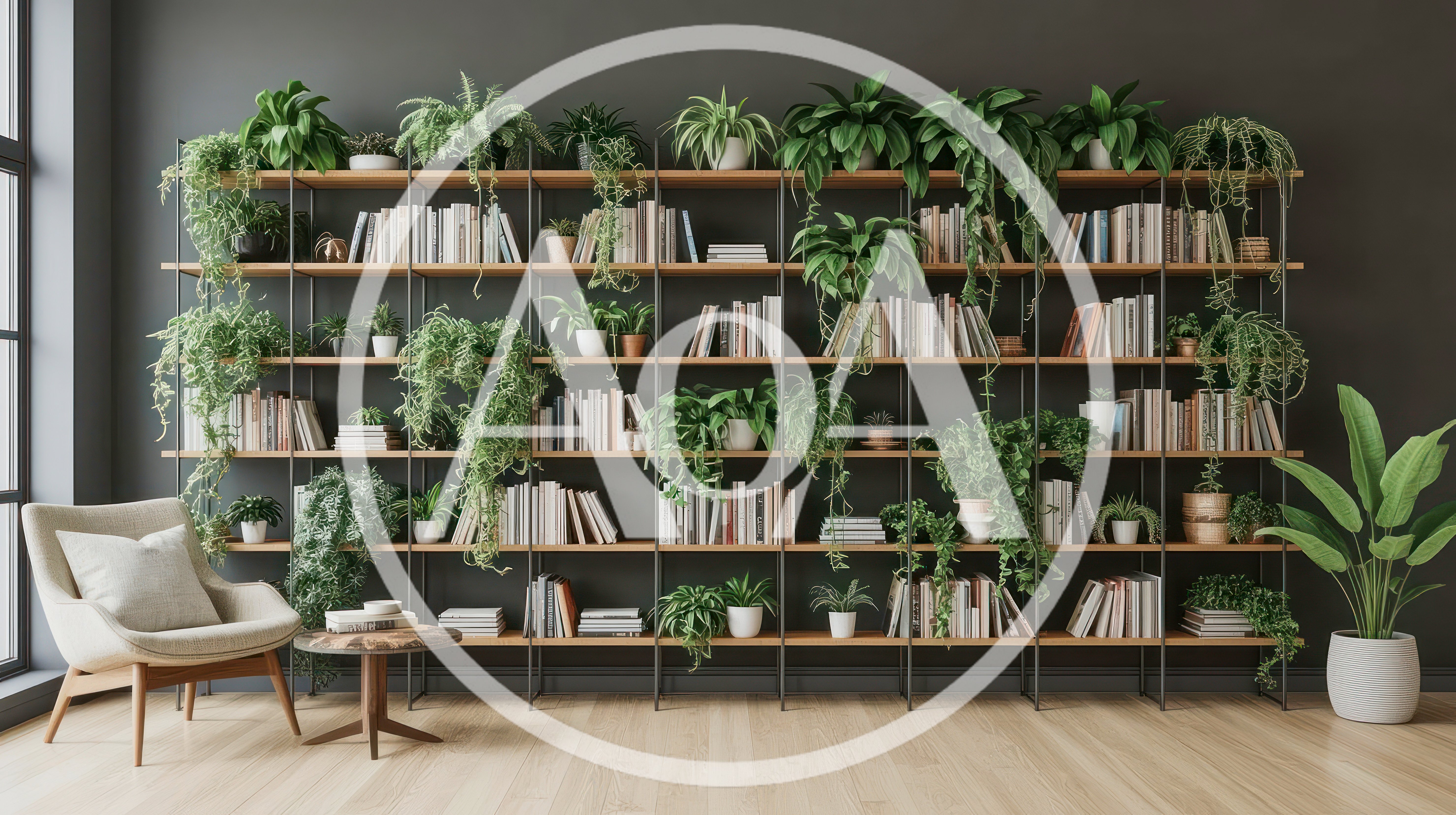 Modern Living Room With Bookshelves And Potted Plants