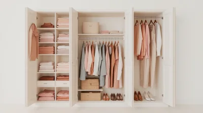 Organized Minimalist Wardrobe With Hanging Clothes And Folded Garments
