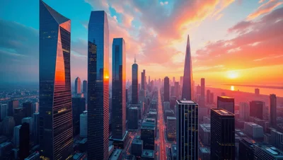 Aerial View Of Modern City Skyline At Sunset