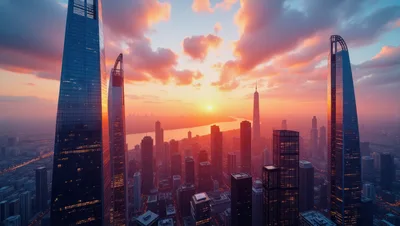 Aerial View Of Modern City Skyline At Sunset