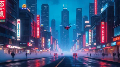 Futuristic Cyberpunk City Street With Flying Vehicle