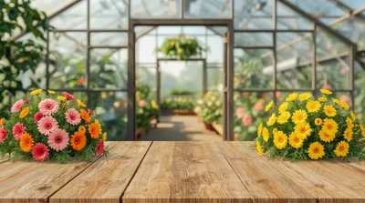 Wooden Table With Flower Bouquets In A Greenhouse