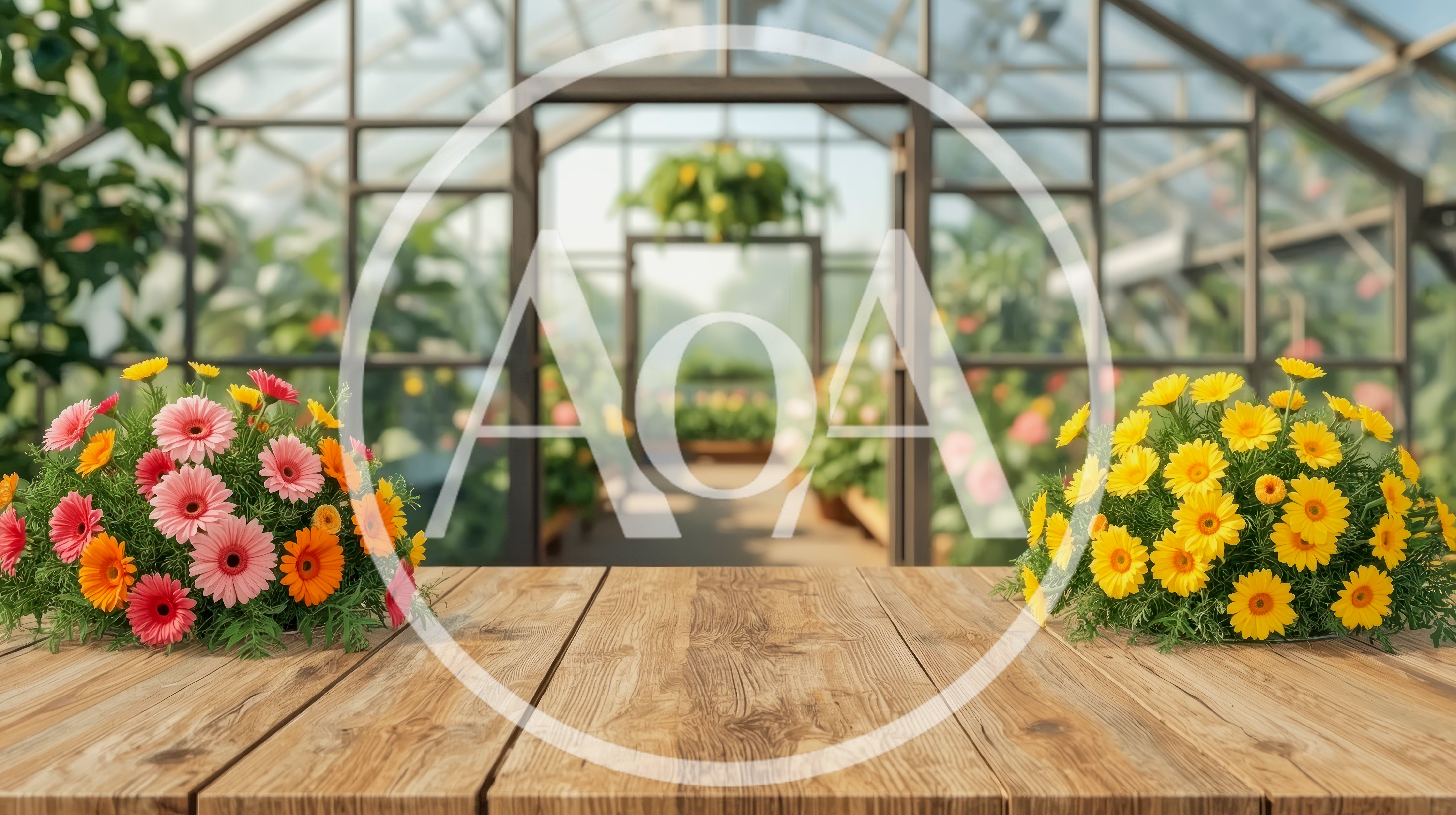 Wooden Table With Flower Bouquets In A Greenhouse