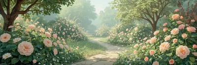 Sunlit Rose Garden Path In Soft Morning Light