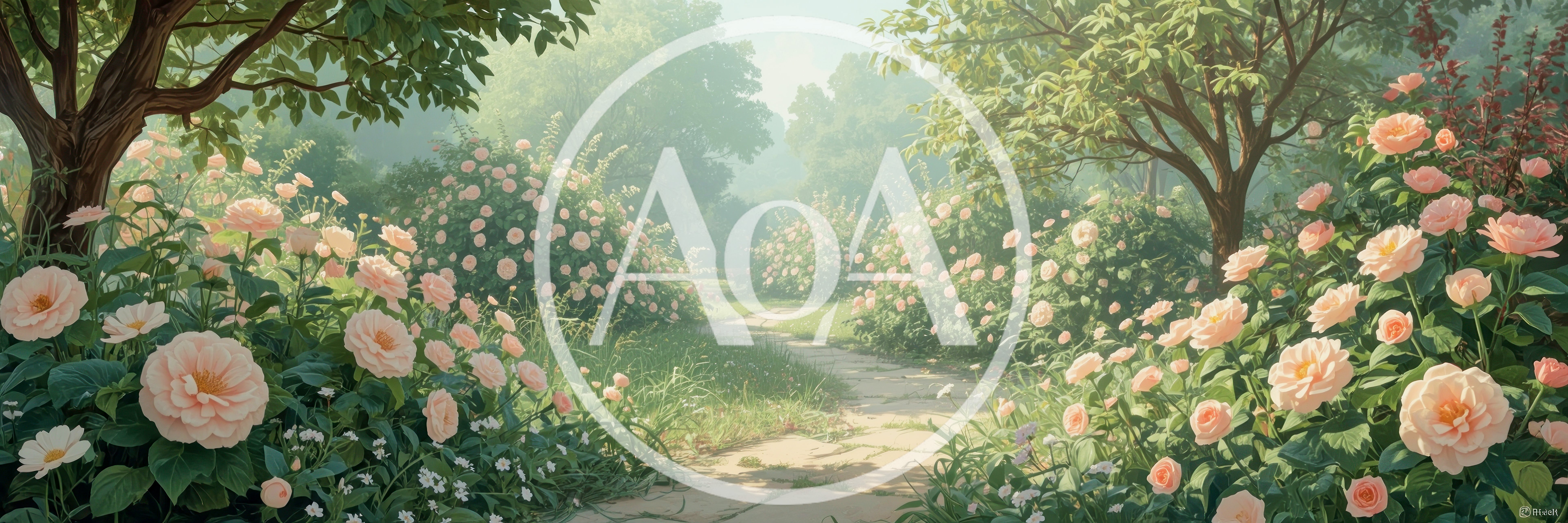 Sunlit Rose Garden Path In Soft Morning Light