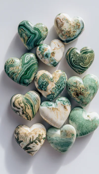 Collection Of Polished Green And White Gemstone Hearts