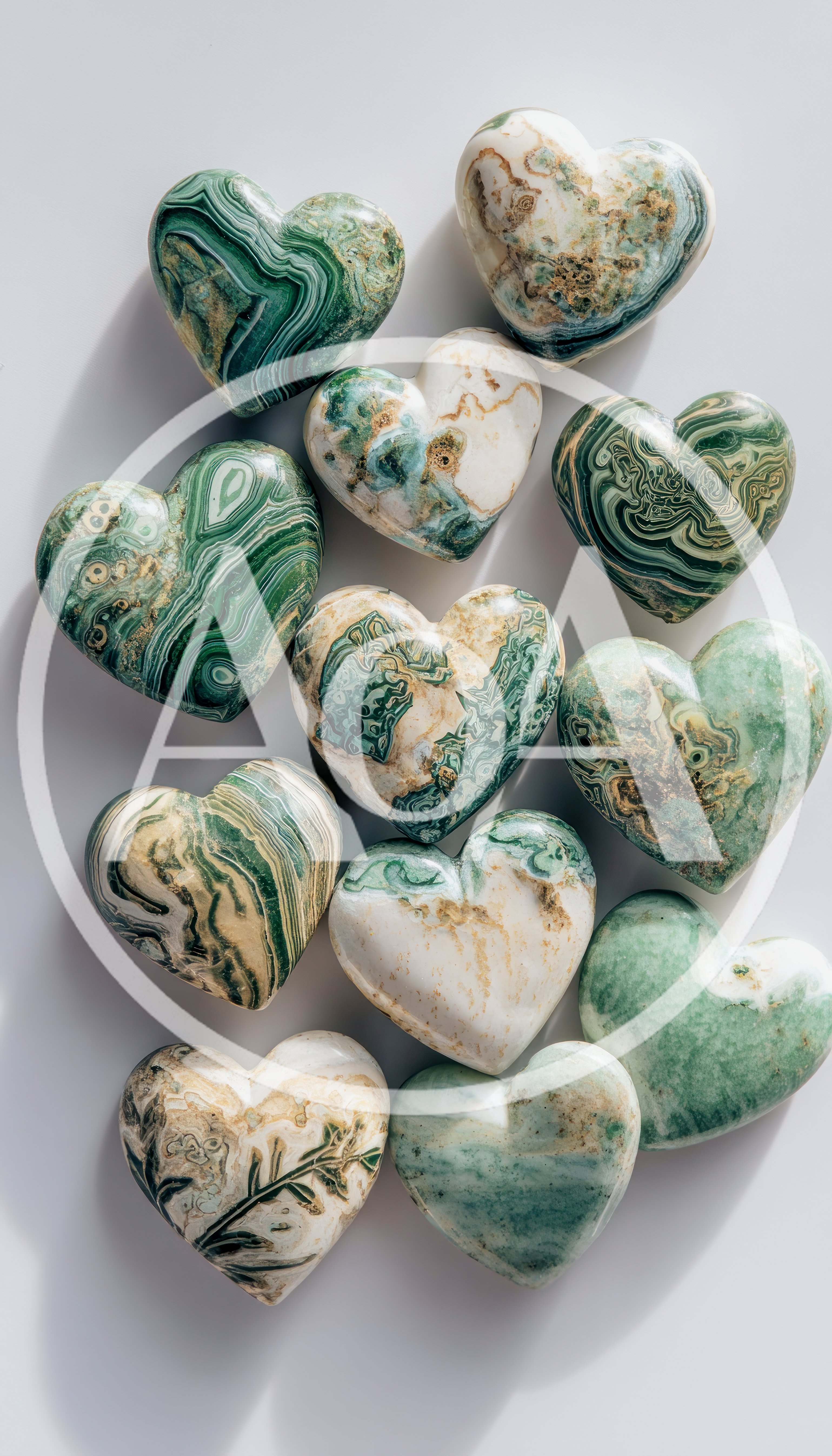 Collection Of Polished Green And White Gemstone Hearts