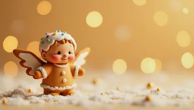 Cute Gingerbread Angel Figurine With Christmas Bokeh