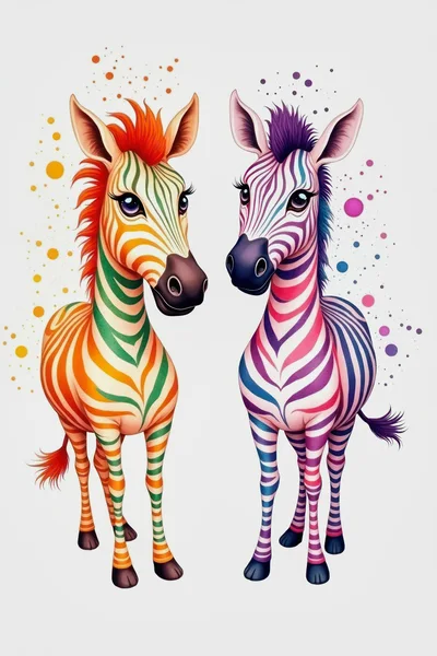 Two Colorful Cartoon Zebras With Vibrant Striped Patterns