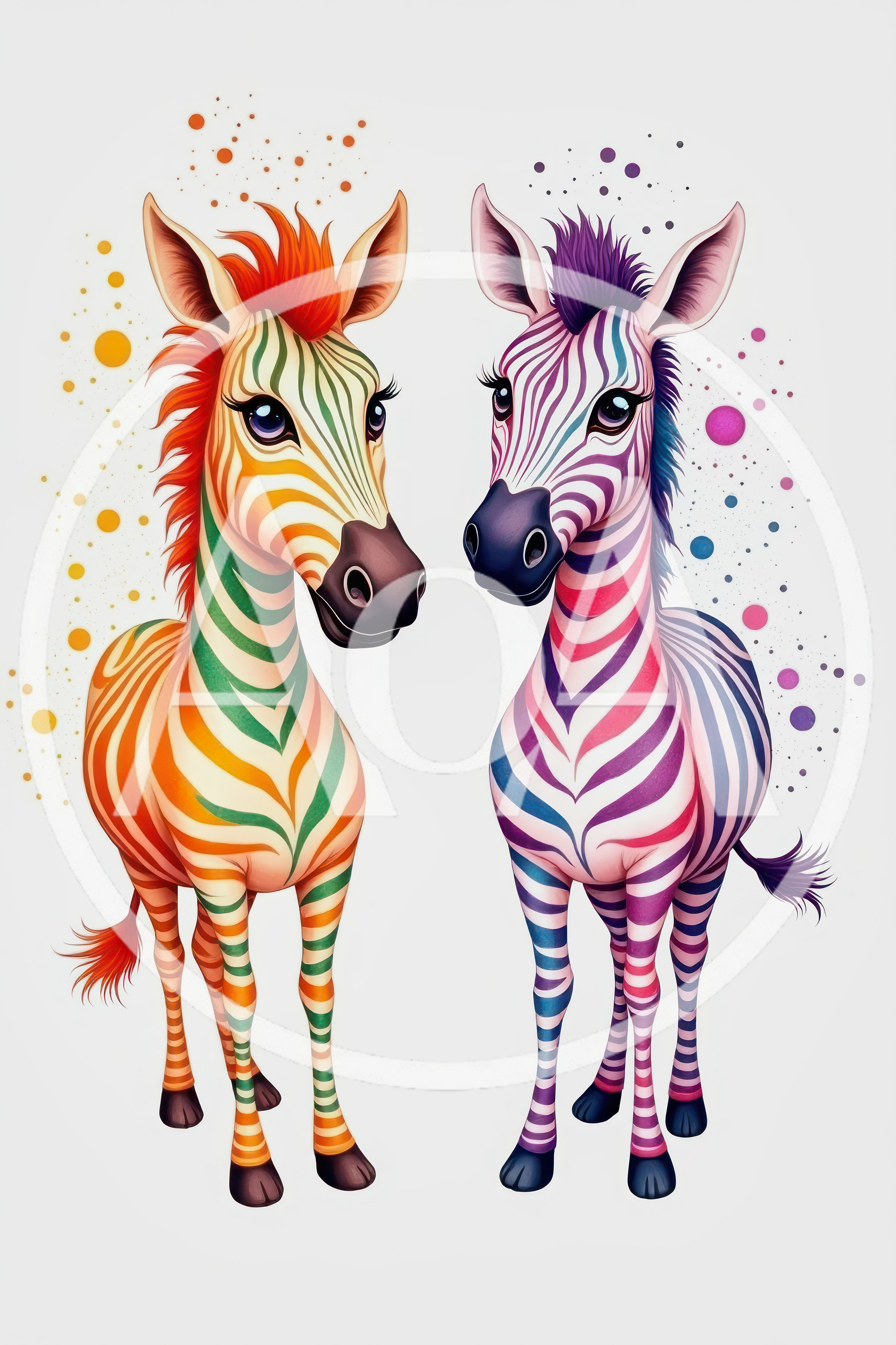 Two Colorful Cartoon Zebras With Vibrant Striped Patterns