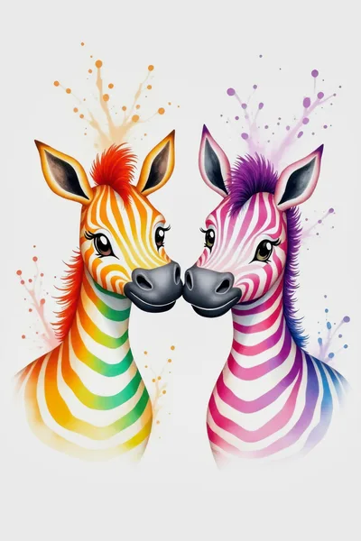 Two Colorful Cartoon Zebras Facing Each Other