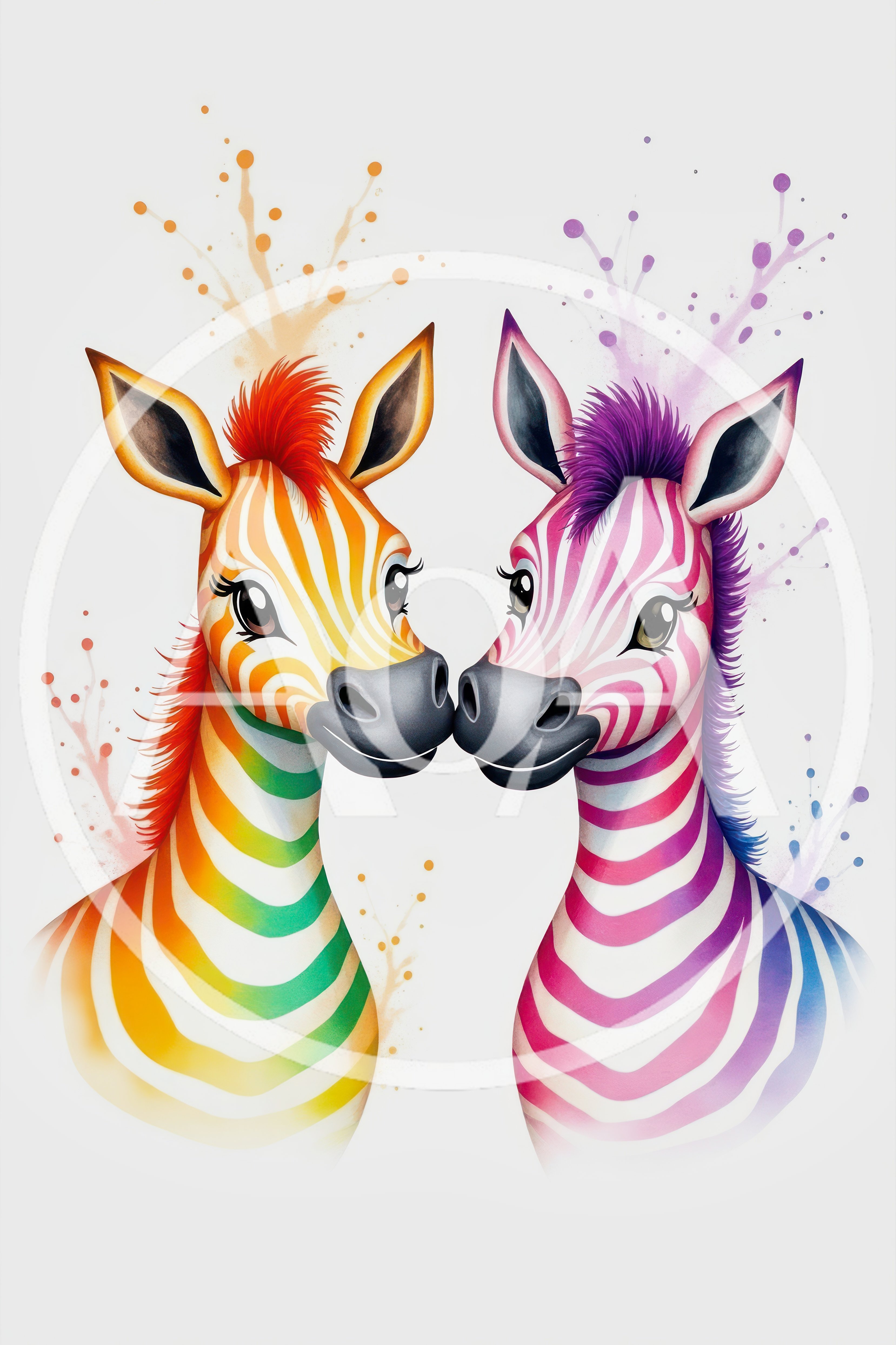 Two Colorful Cartoon Zebras Facing Each Other