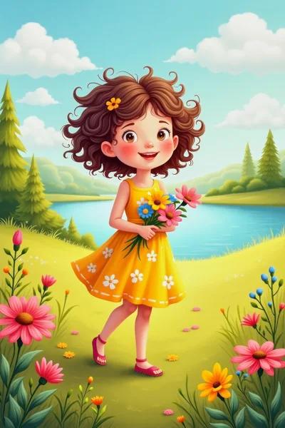 Cute Girl Holding Flowers In A Sunny Meadow