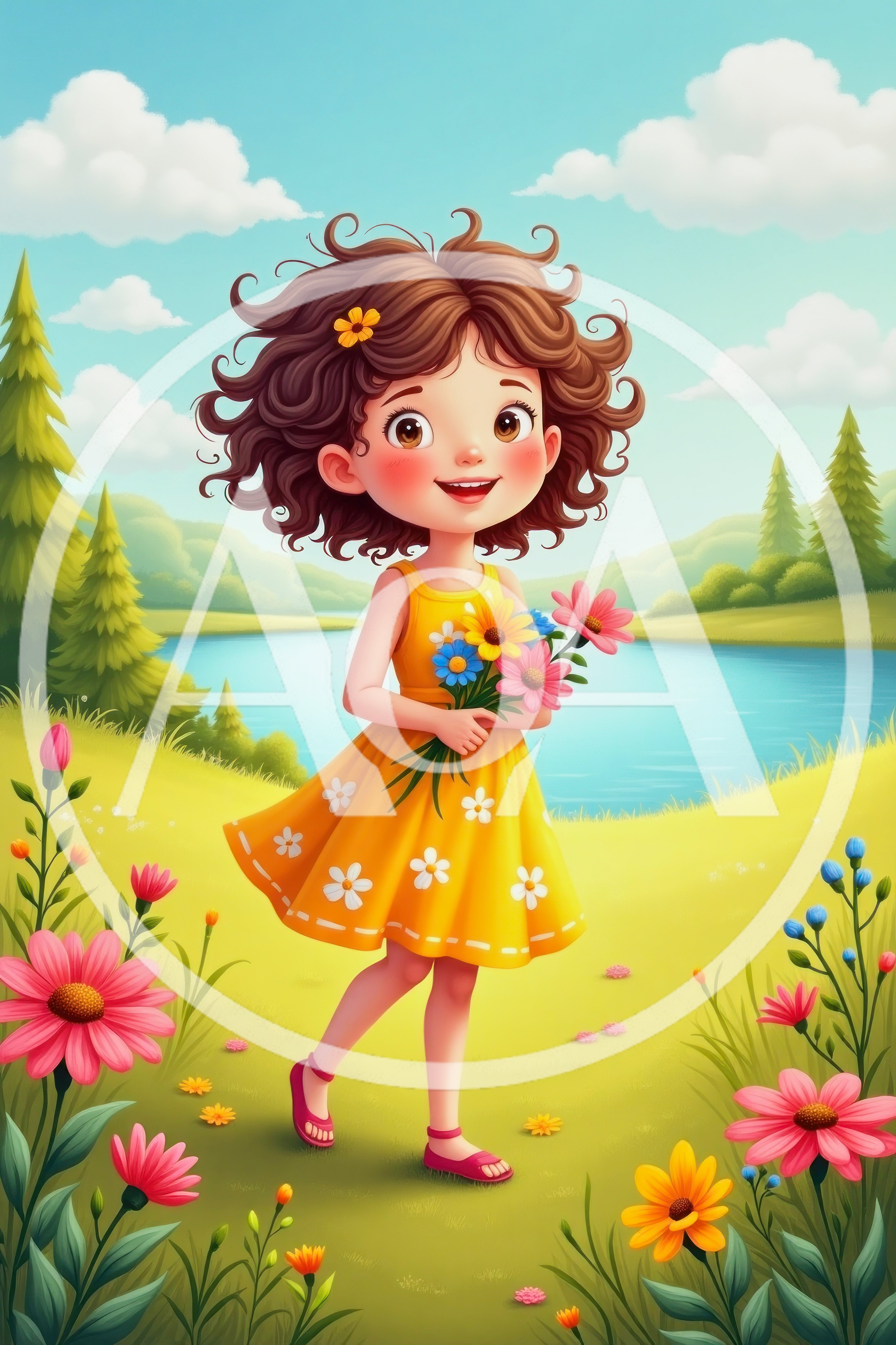 Cute Girl Holding Flowers In A Sunny Meadow
