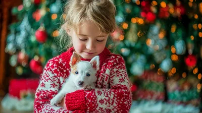 Young Girl Holding A Puppy In Front Of Christmas Tree
