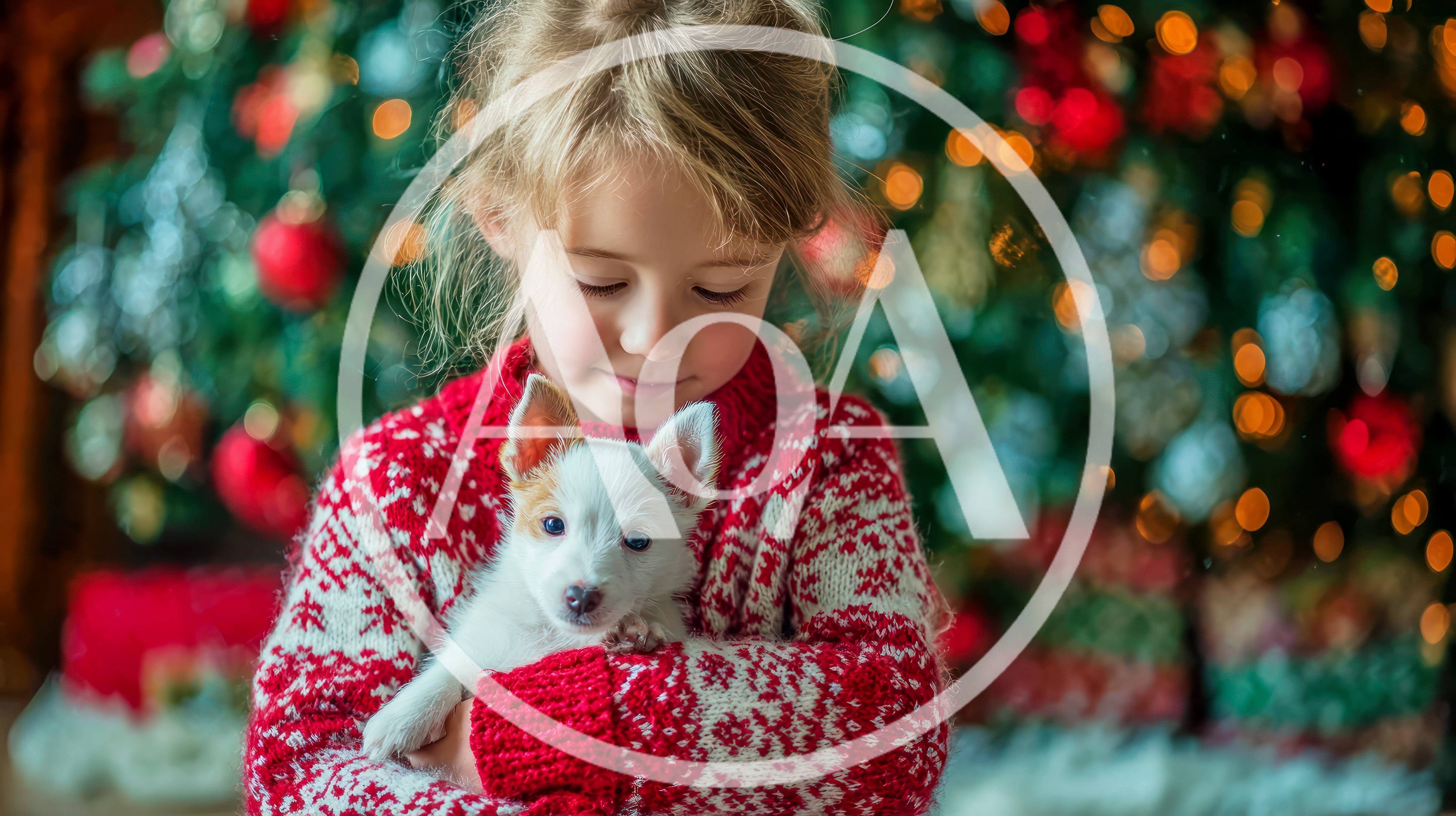 Young Girl Holding A Puppy In Front Of Christmas Tree