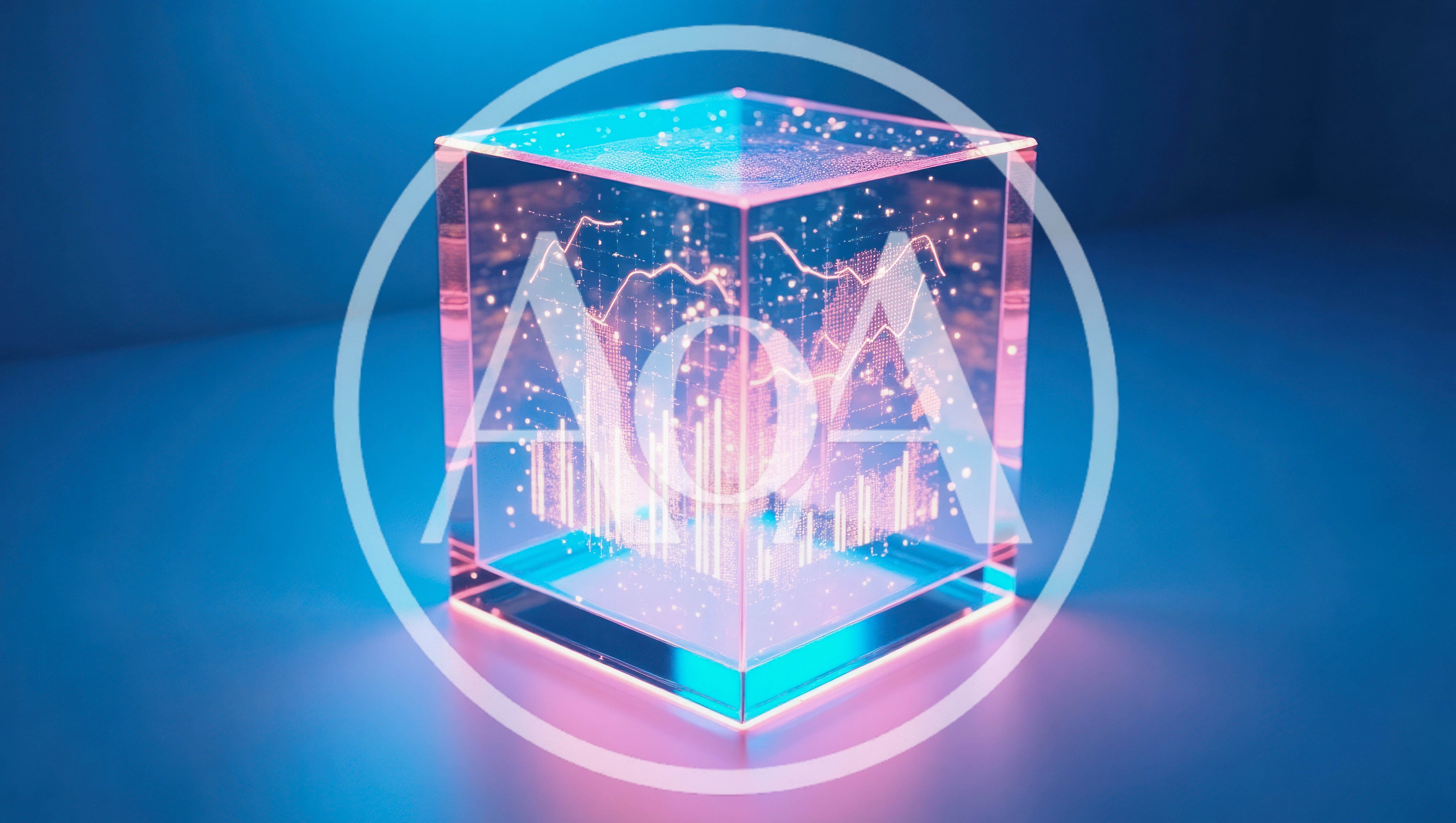 Glowing Data Visualization Inside A Transparent Glass Cube