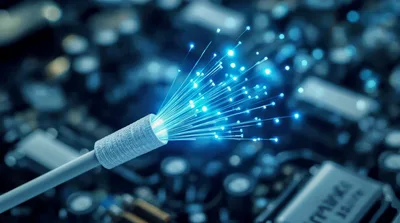 Fiber Optic Cable Transmitting Data Over Circuit Board