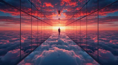 Businessman Walking Through Glass Corridor Above Clouds