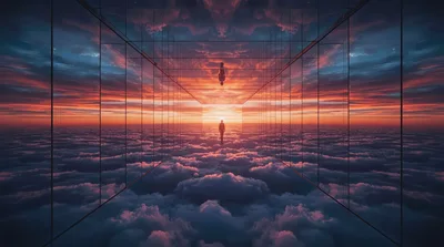 Surreal Silhouette Walking Through A Glass Corridor Above Clouds