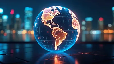 Glowing Digital Earth Globe With City Skyline Background