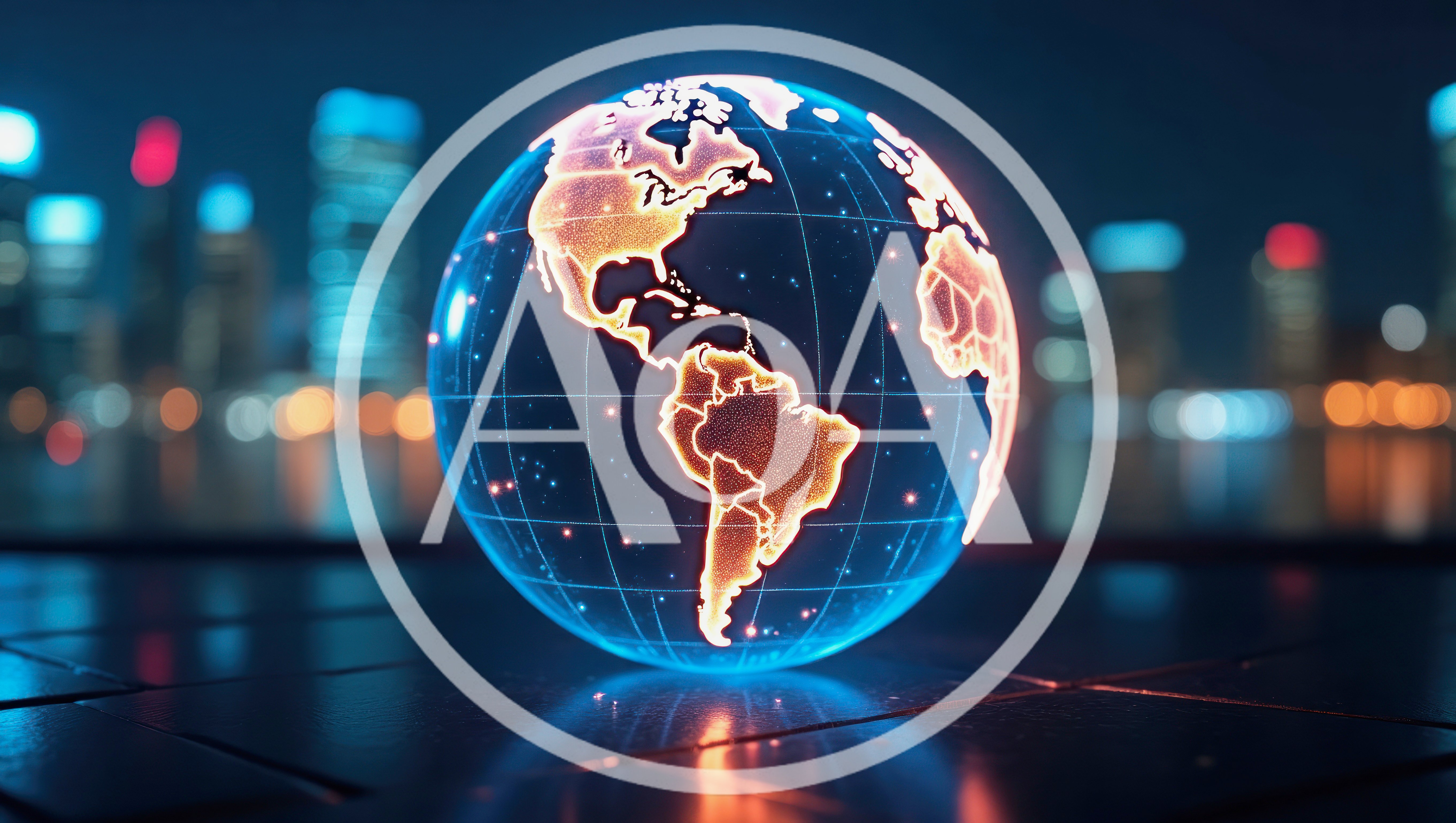 Glowing Digital Earth Globe With City Skyline Background