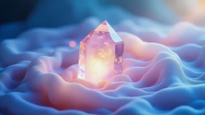 Glowing Crystal Point Resting On Soft Wavy Fabric