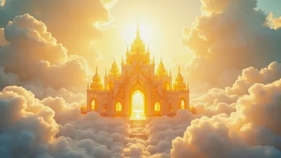Golden Celestial Palace Floating Above Clouds