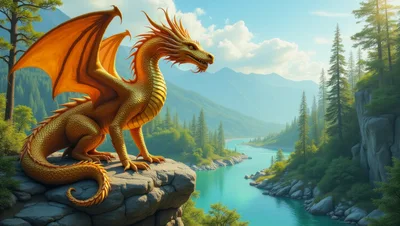 Golden Dragon Perched On A Rocky Cliffside