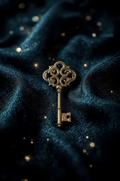 Ornate Antique Brass Key On Shimmering Dark Fabric