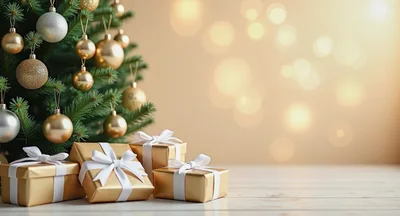 Christmas Tree With Gold Ornaments And Wrapped Gift Boxes