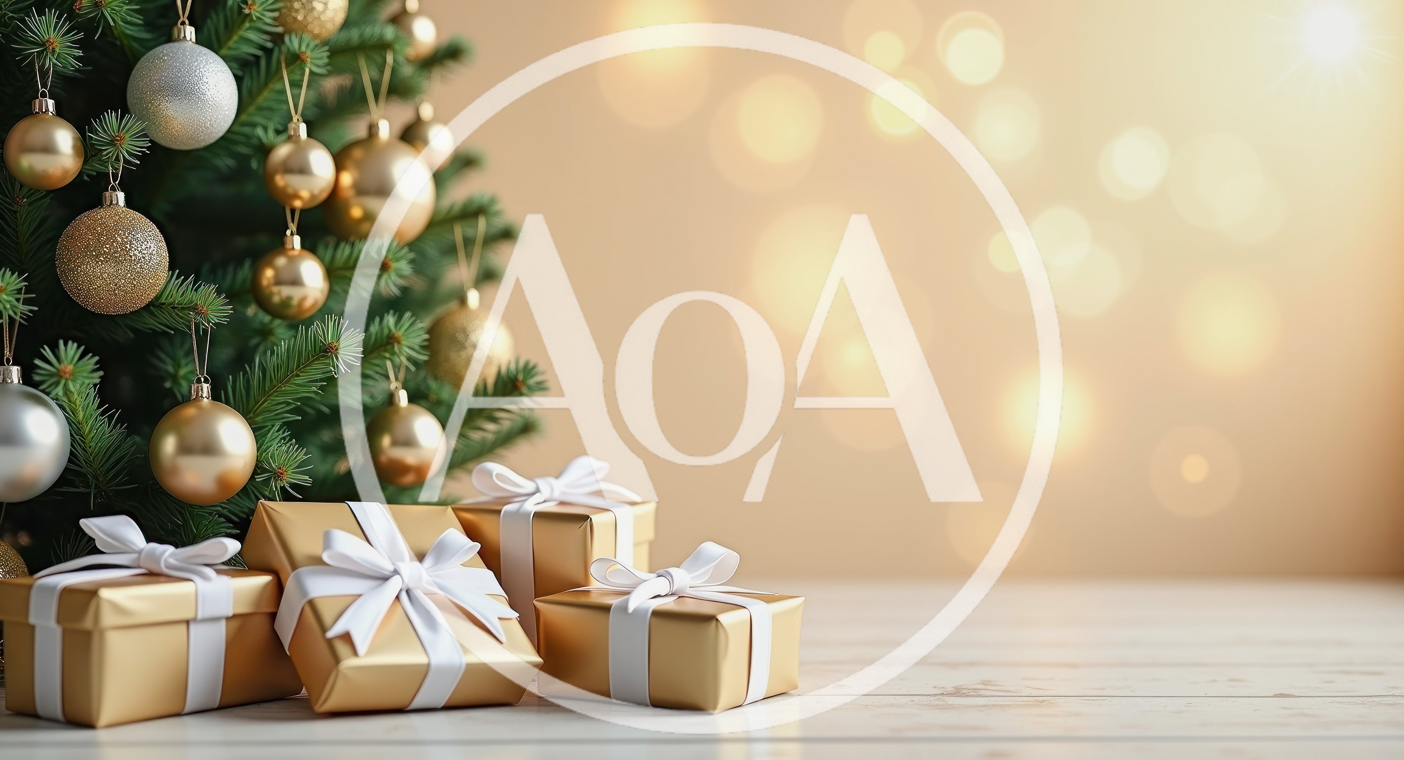 Christmas Tree With Gold Ornaments And Wrapped Gift Boxes