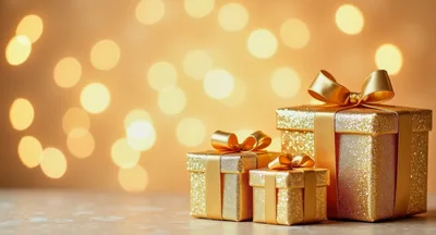 Three Golden Glitter Gift Boxes With Bows