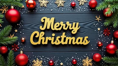 Merry Christmas Greeting Card With Red Ornaments