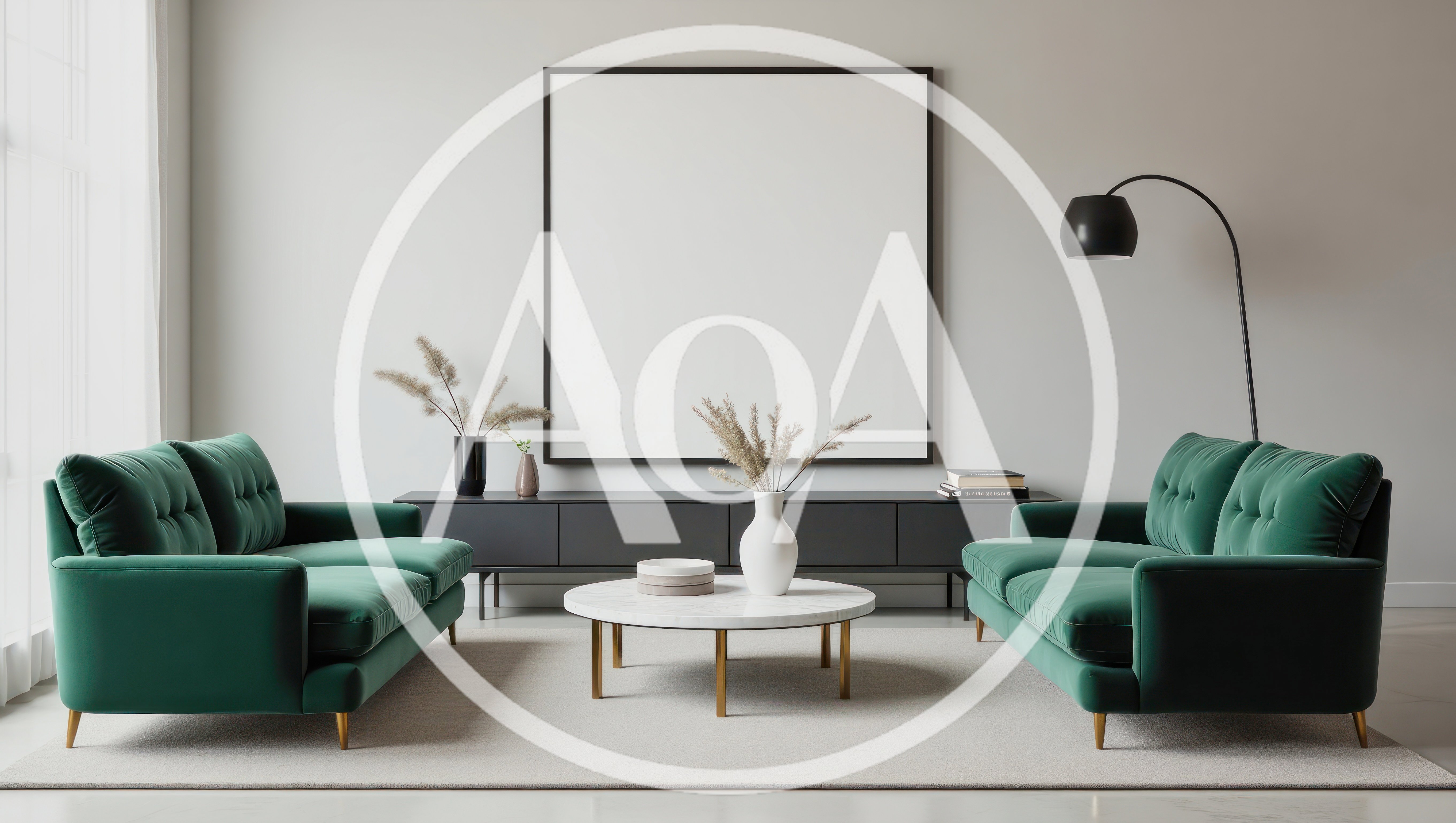 Modern Living Room Interior With Green Velvet Sofas