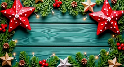 Christmas Holiday Background With Red Stars And Pine Branches