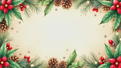 Christmas Holiday Decorative Frame With Pine Cones And Poinsettias