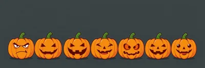 Row Of Seven Cartoon Halloween Jack O Lantern Pumpkins