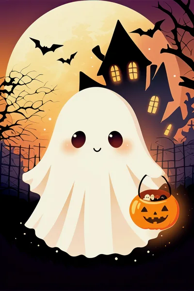 Cute Ghost Trick Or Treating With Pumpkin Bucket