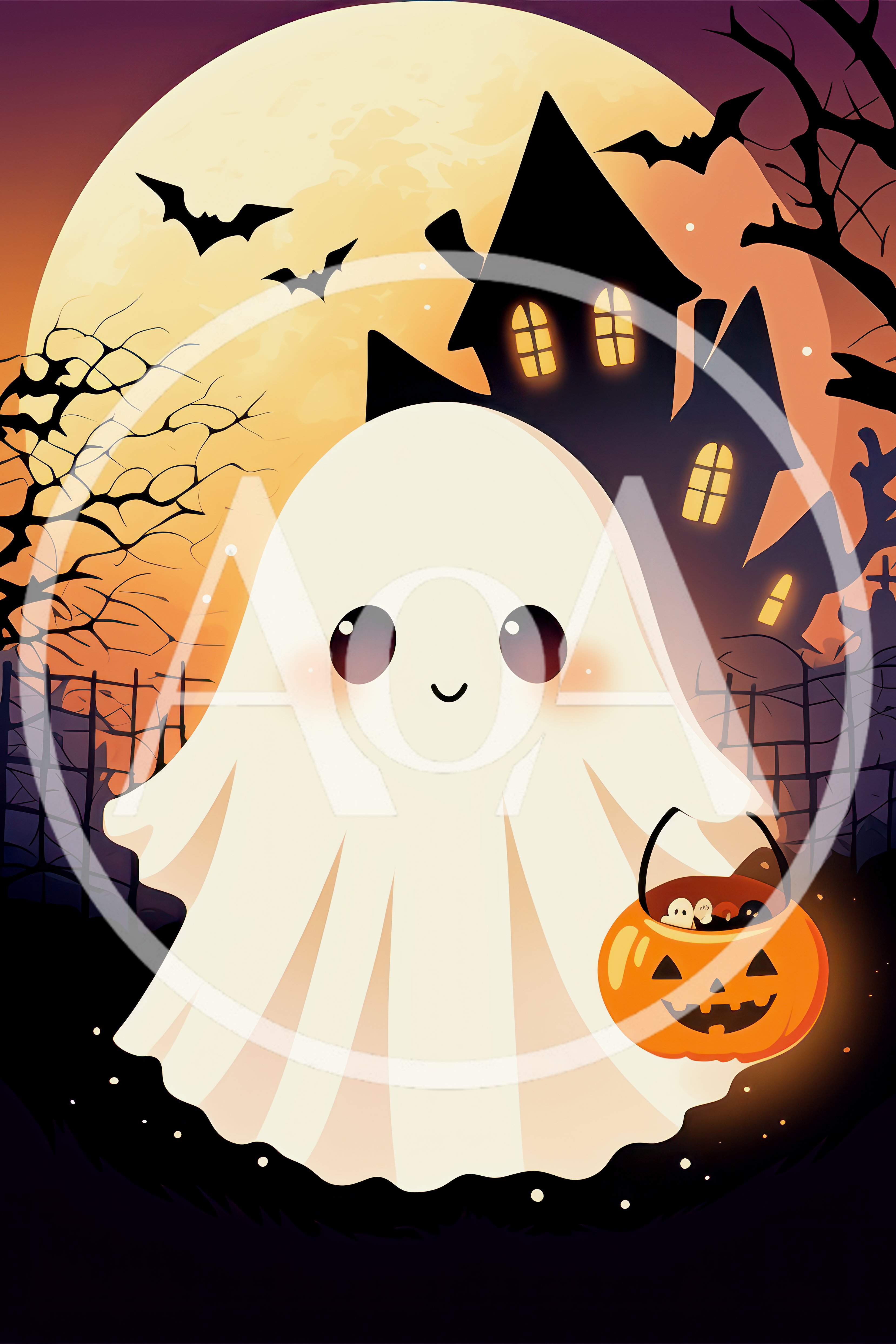 Cute Ghost Trick Or Treating With Pumpkin Bucket