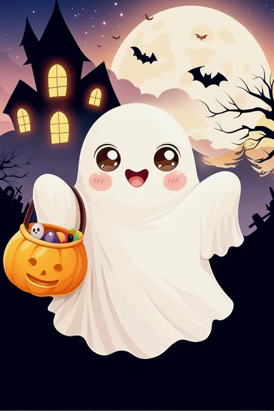Cute Cartoon Ghost Holding A Halloween Pumpkin Candy Bucket