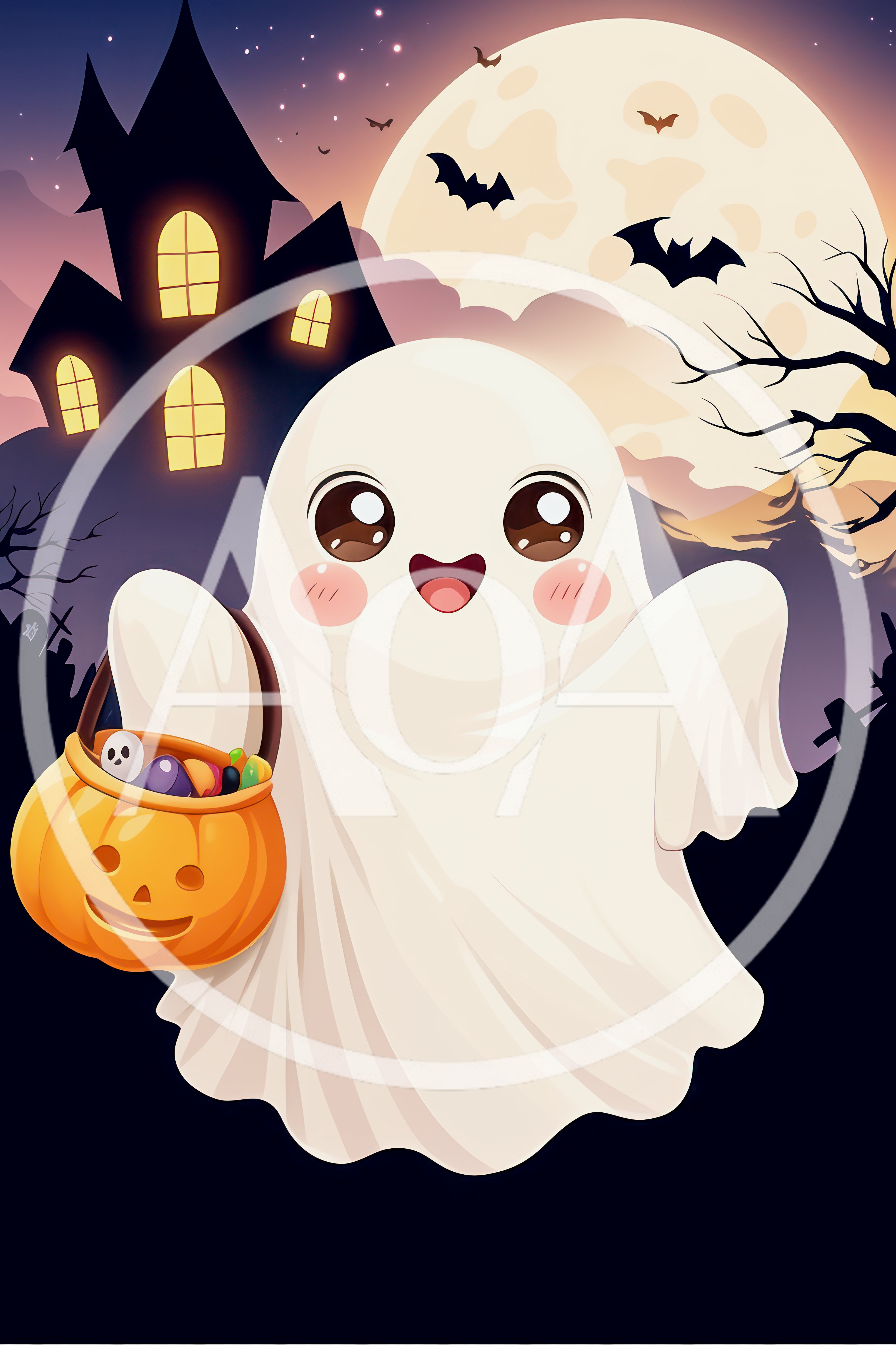Cute Cartoon Ghost Holding A Halloween Pumpkin Candy Bucket