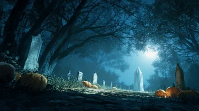 Ghostly Figure Standing in a Spooky Halloween Graveyard