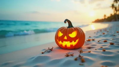 Jack O Lantern Pumpkin Sitting On Tropical Beach
