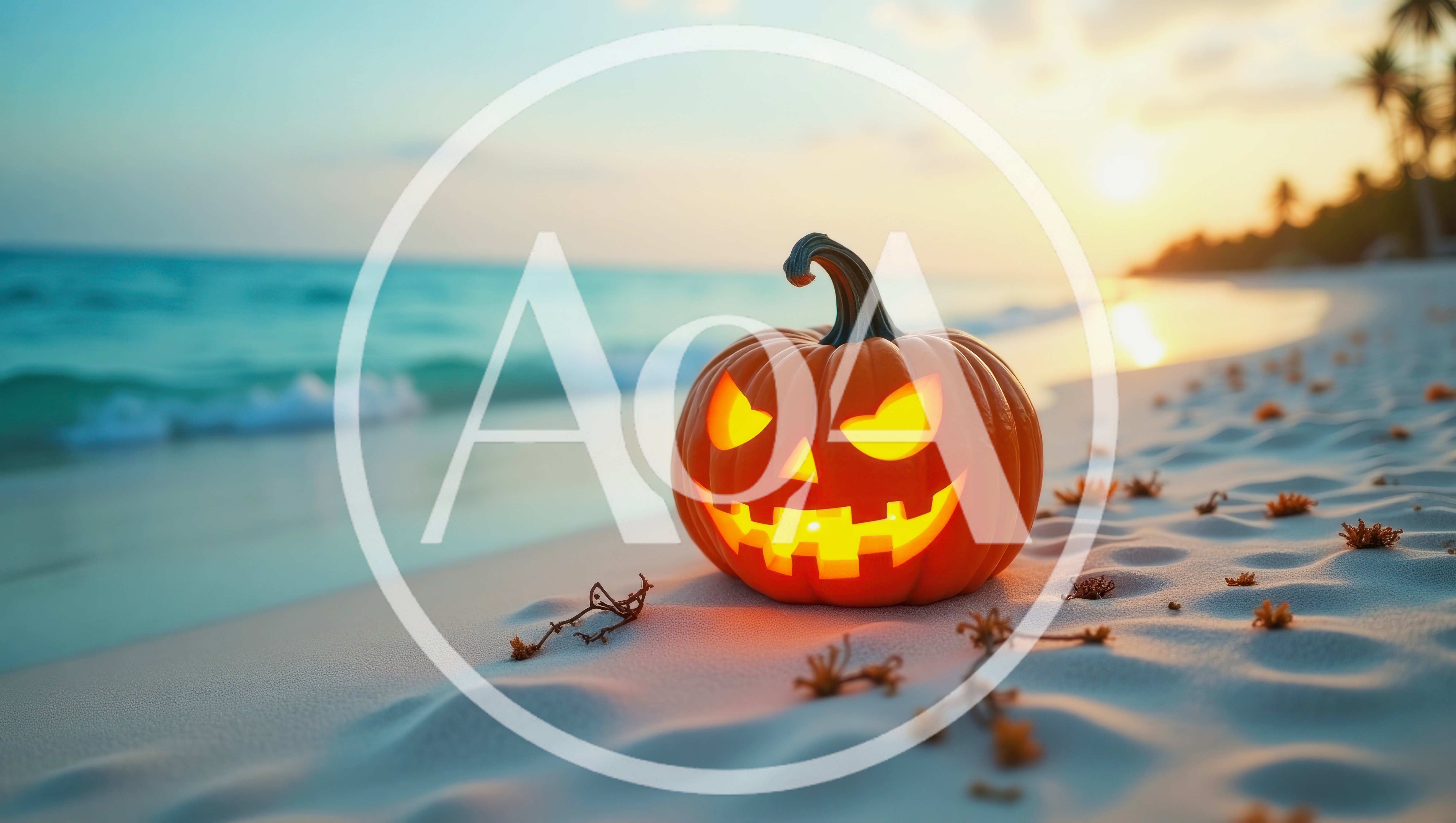 Jack O Lantern Pumpkin Sitting On Tropical Beach