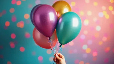 Hand Holding A Bunch Of Colorful Party Balloons