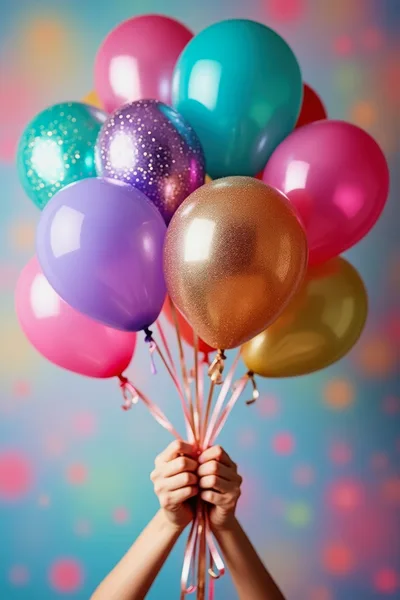 Hands Holding A Bunch Of Colorful Party Balloons
