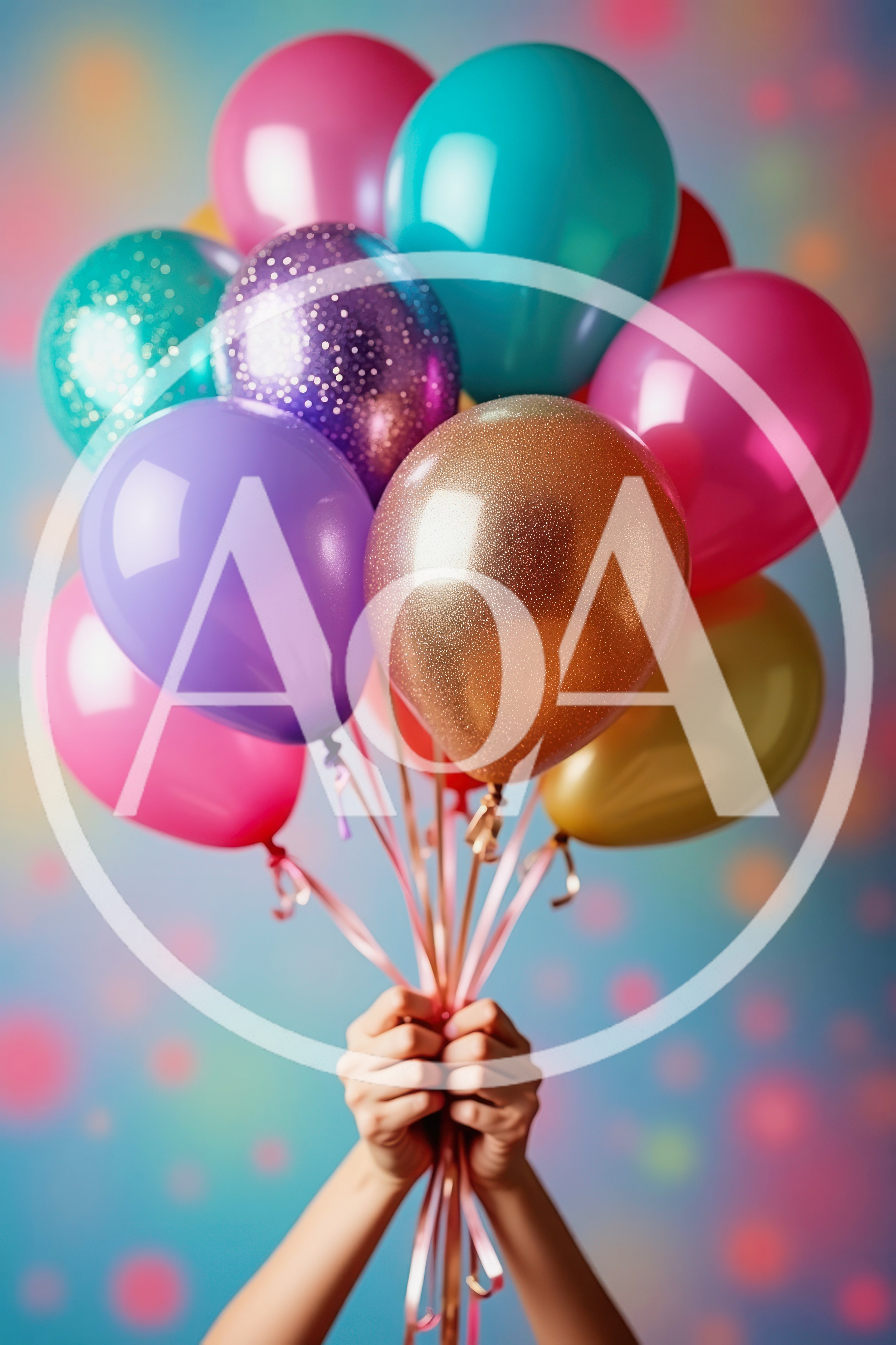 Hands Holding A Bunch Of Colorful Party Balloons
