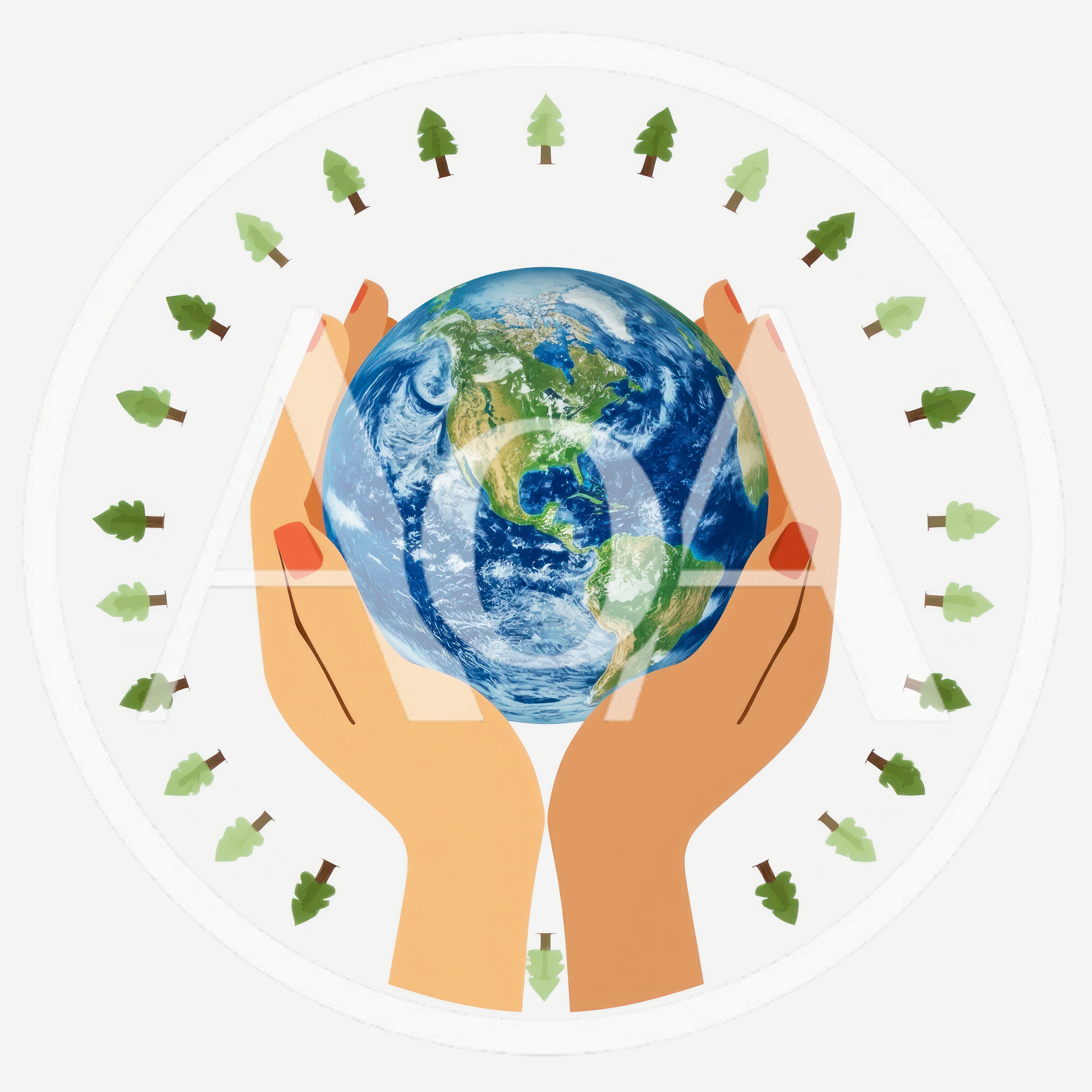 Hands Holding Earth Surrounded By Trees